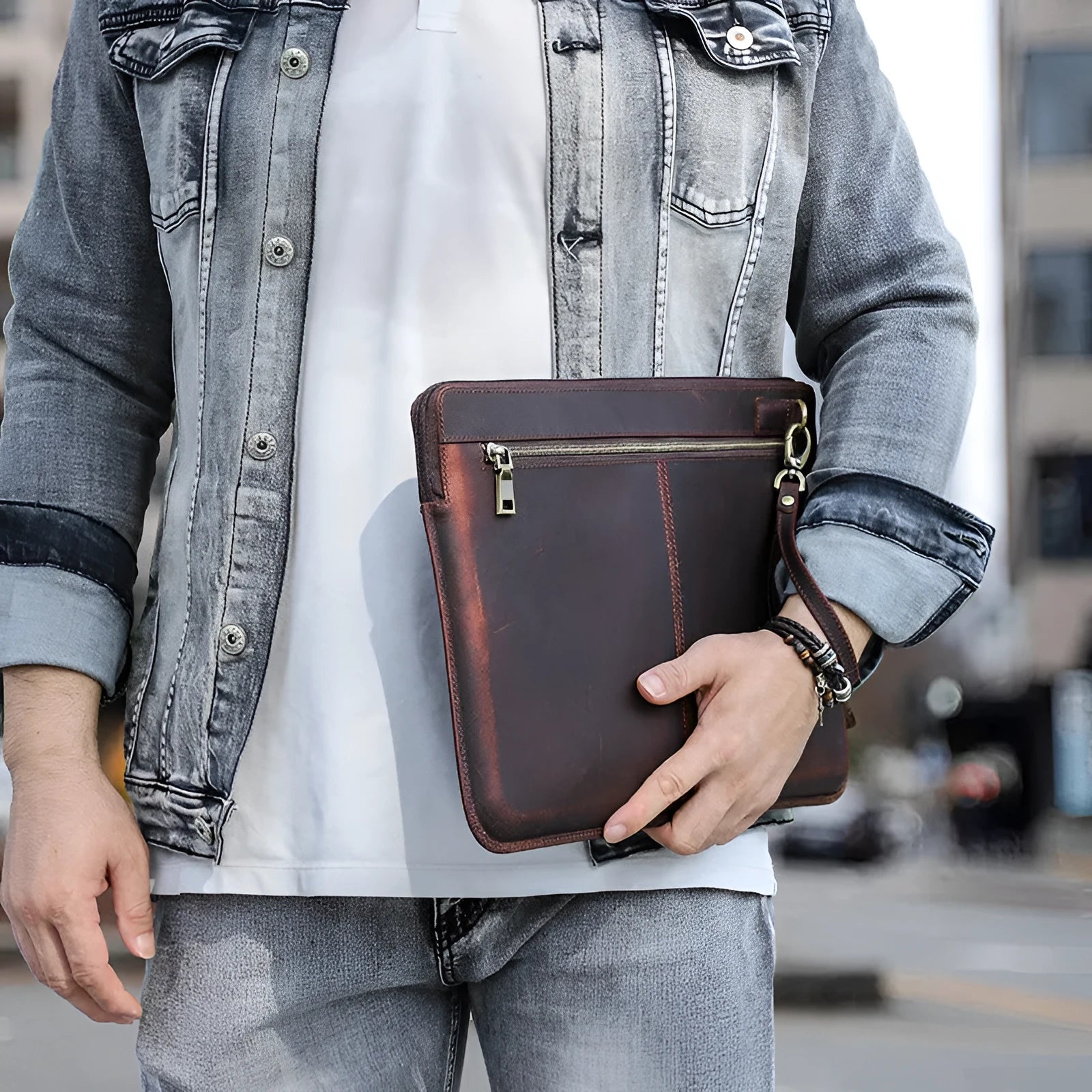 Retro brown crazy horse leather zipper computer bag for MacBook Pro 15.4 and 16 inch