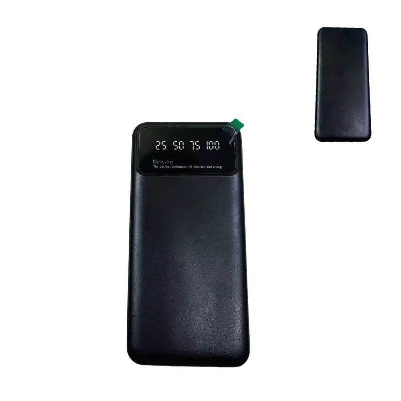 Black ultra-thin portable power bank with 10000mAh capacity showing compact dimensions