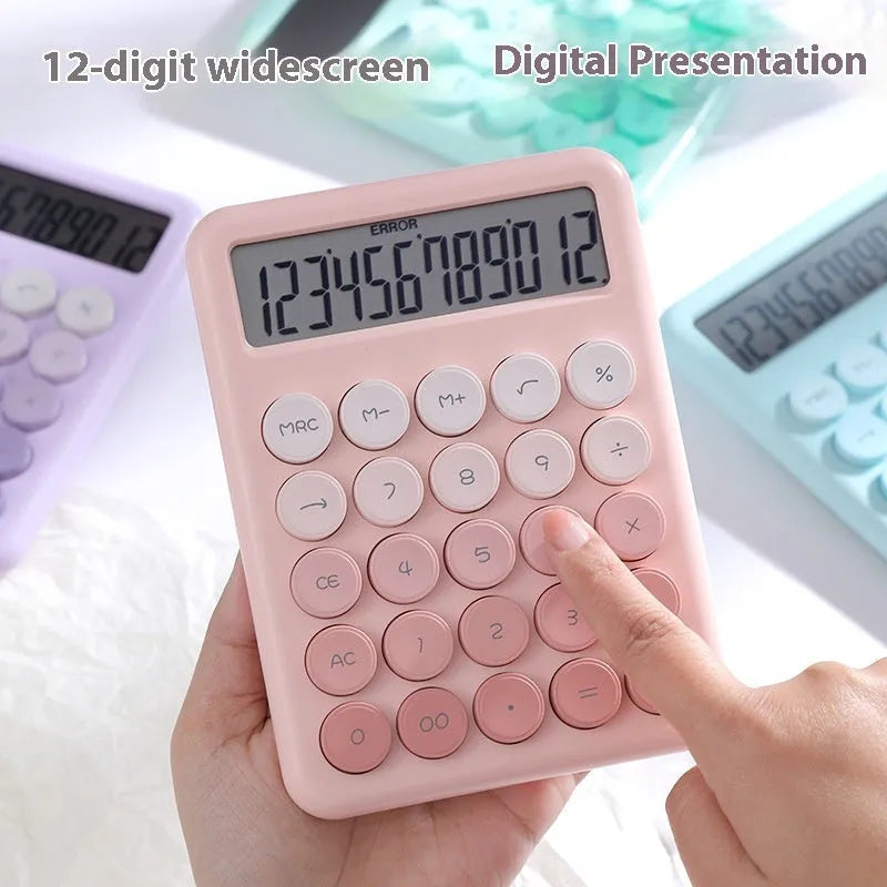 Gradient colour desk calculator in violet, cherry blossom pink, glacier blue, or mint green.