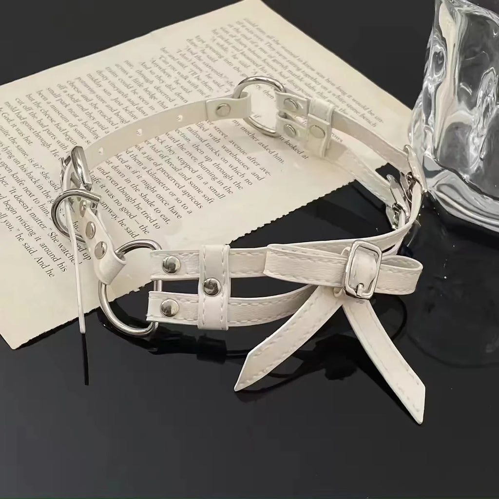 Women's cool white bow leather necklace with electroplated alloy pendant on leather cord