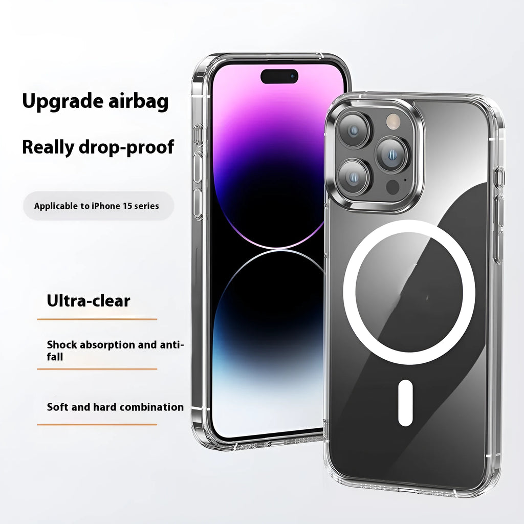 Transparent two-in-one magnetic phone case with shockproof protection for iPhone models, showing back and side view.