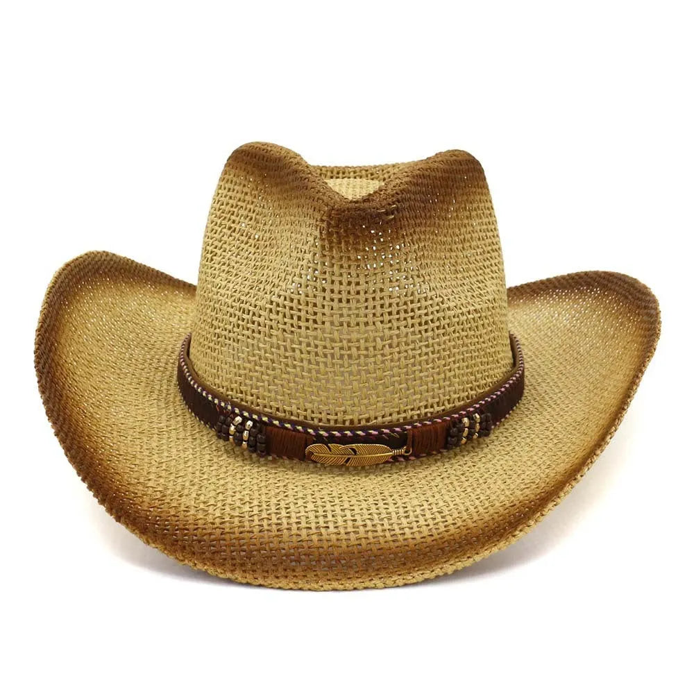 Western cowboy hat with spray paint pattern on straw material, bell crown shape, shown in neutral colour options