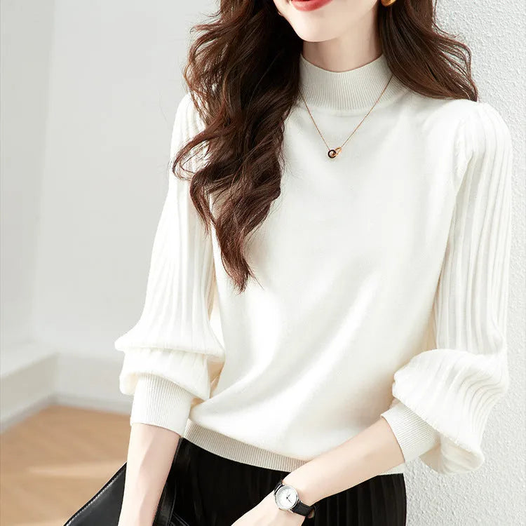 Women's slim fit half turtleneck striped long sleeve shirt in core-spun yarn fabric