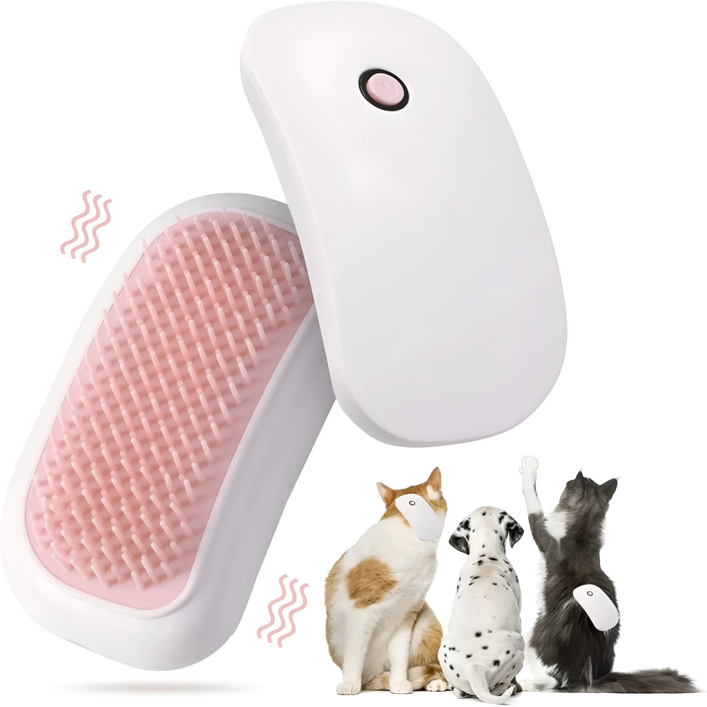 Pink handheld electric pet massage brush with soft TPE teeth on a white background