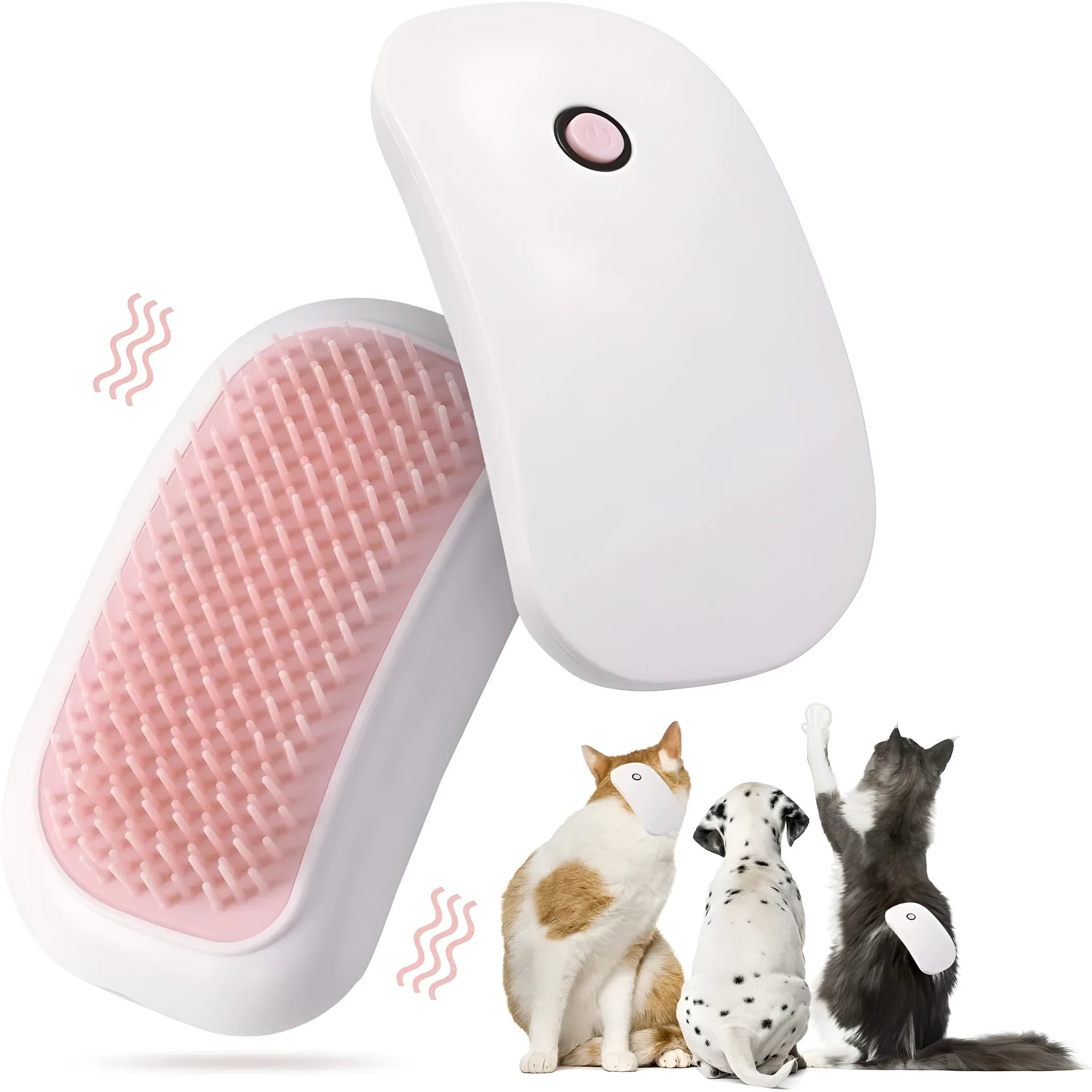 Pink handheld electric pet massage brush with soft TPE teeth on a white background