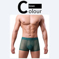 Men's thin polyester boxer shorts in solid colours including black, white, blue, and pink