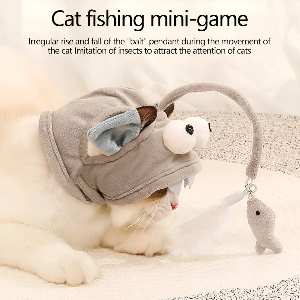 Grey headband cat toy with big-eyed fish teaser on adjustable 24-30cm band for hands-free feline play