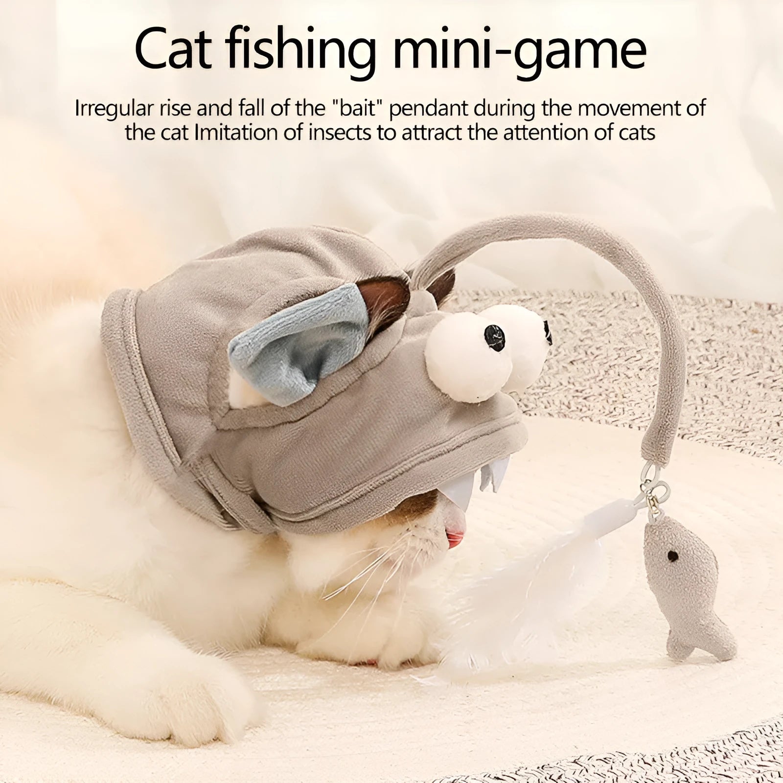 Grey headband cat toy with big-eyed fish teaser on adjustable 24-30cm band for hands-free feline play