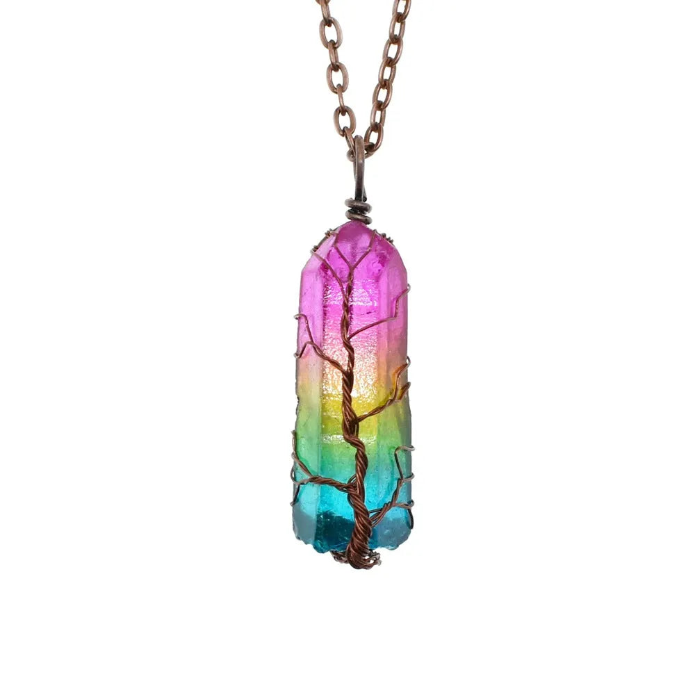 Tree of Life crystal pillar pendant necklace with O-chain and extension, available in rainbow colour