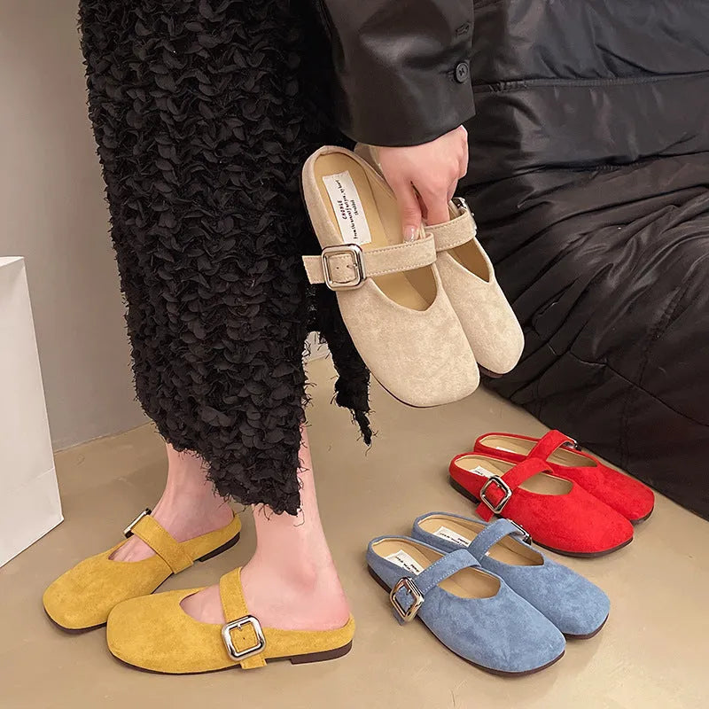 Women's flat half slippers with closed toe square head design in multiple colour options