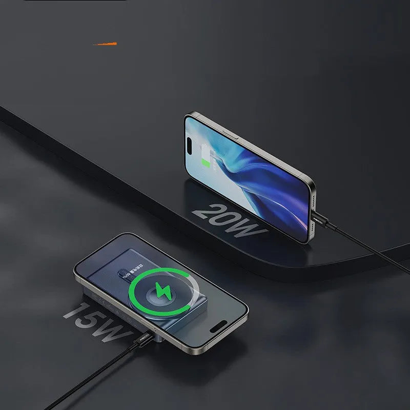 Magnetic wireless power bank with 10000mAh capacity in black or white plastic shell, size 102x66x24mm