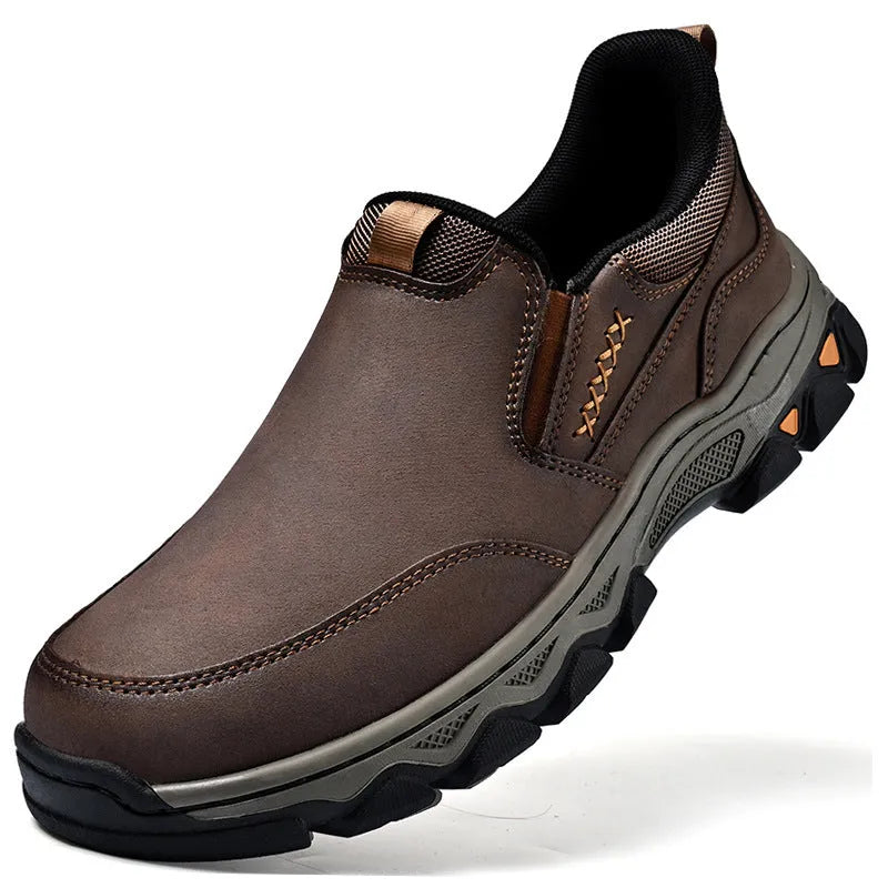 Men's casual leather shoes with round toe and wear-resistant rubber soles in dark brown colour