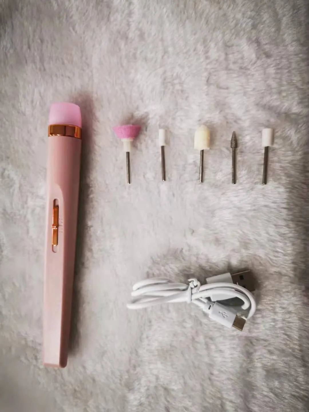 5in1 cordless USB electric nail drill set with LED light, five abrasive heads, and rechargeable battery in pink