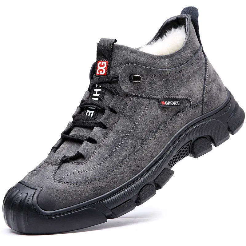 Men's winter snow boots with cowhide upper, wool cashmere lining, non-slip rubber sole, chunky heel, black plus velvet colour
