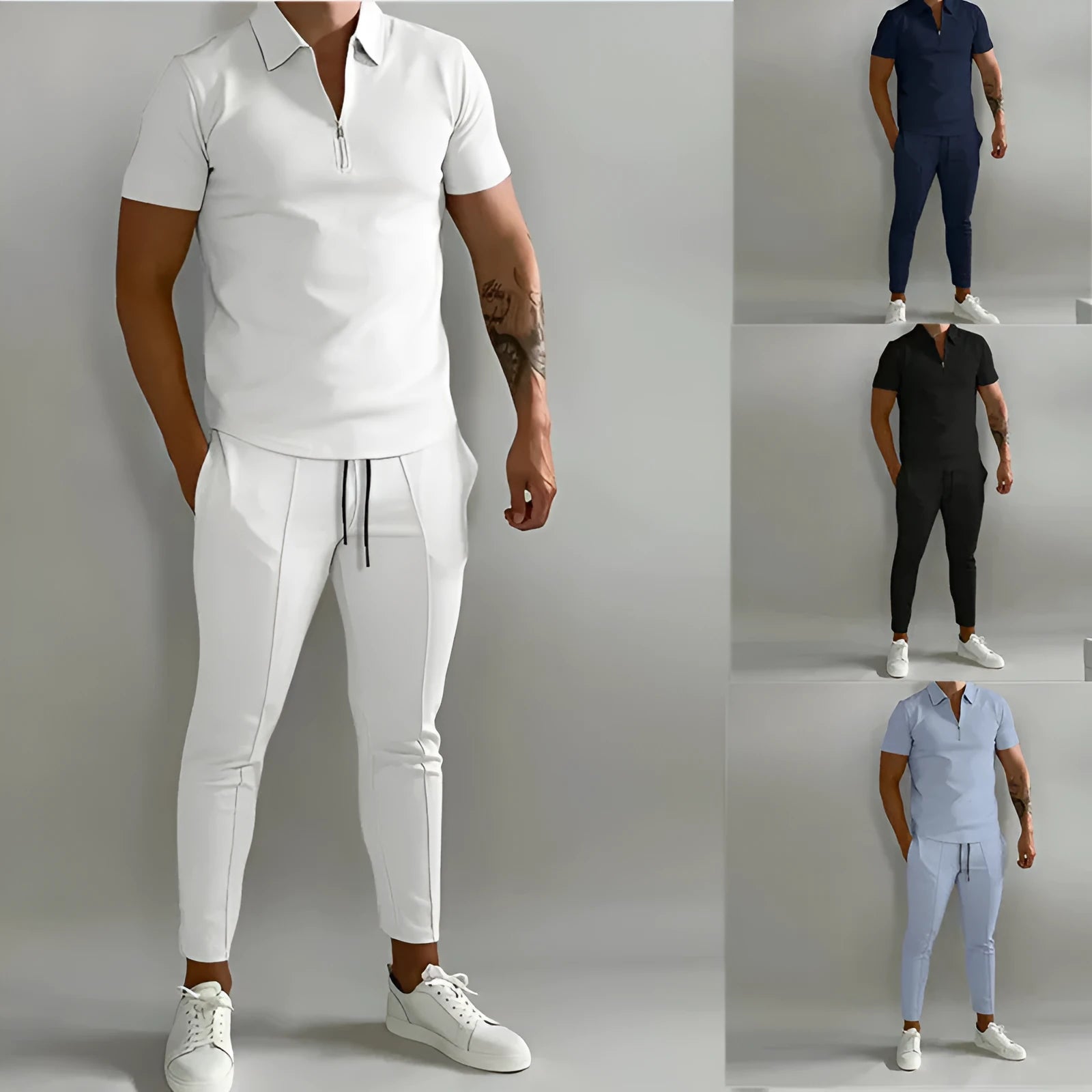 Men's summer slim casual sports suit in beige, cotton blend T-shirt and trousers set on model