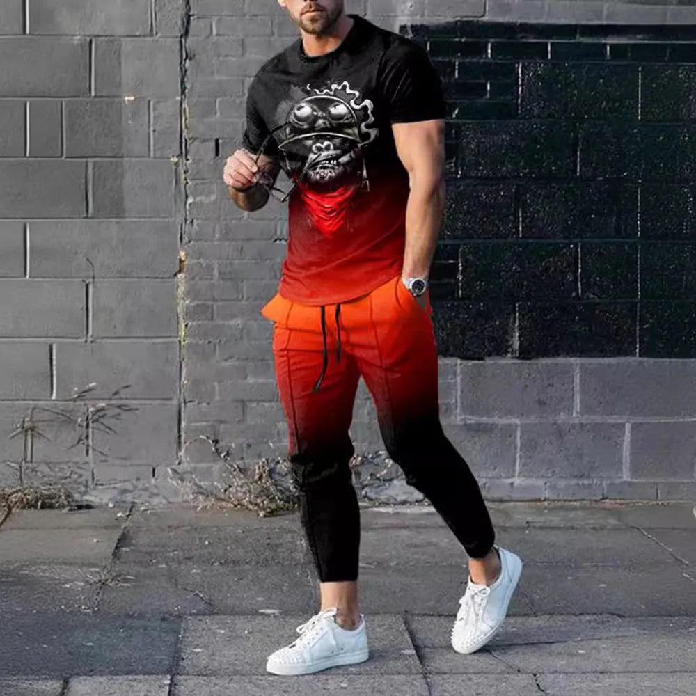 Man wearing a short-sleeved printed polyester tracksuit set for sports.