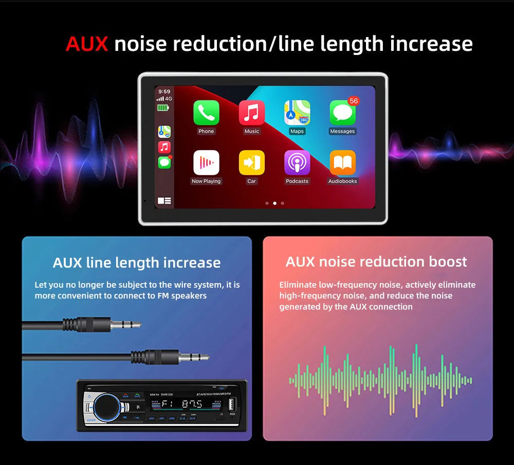 Black 7-inch wireless CarPlay projection camera and dash cam with wide-angle lens on car dashboard