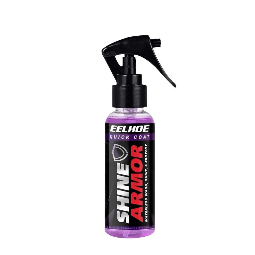 Purple liquid car nano coating spray bottle in 100ml size next to a 30ml bottle.