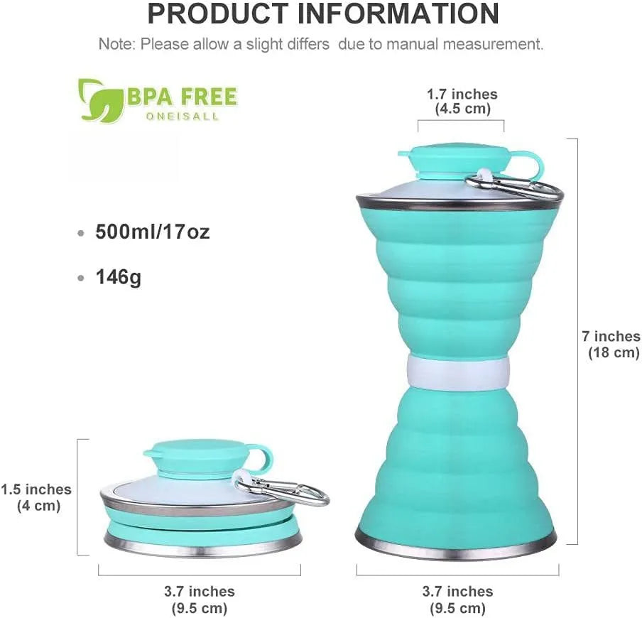 500ml silicone collapsible water bottle cup shown both expanded and folded with stainless steel rim