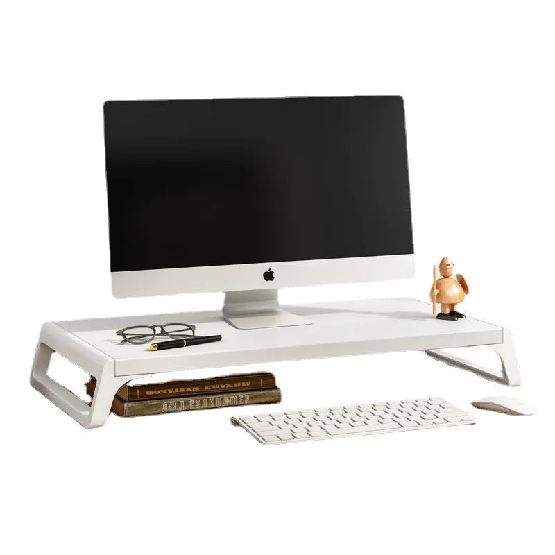 Wood-based board office computer monitor heightening stand with walnut colour and black support leg