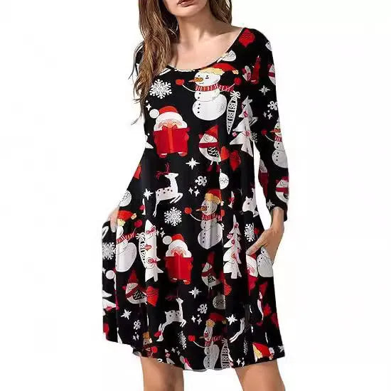 Women's printed T-shirt dress A-line midi pullover with 3D stereo pattern in Christmas Red colour