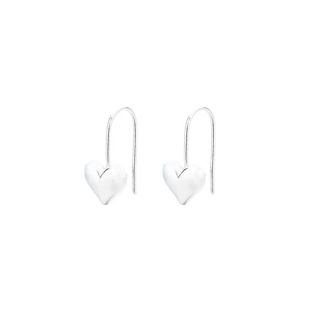 Korean-style glossy silver heart earrings with three-dimensional design and heart-shaped hooks