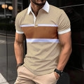 Men's striped casual polo shirt in bird eye cloth polyester, short sleeves, available in black, khaki, light brown, navy blue