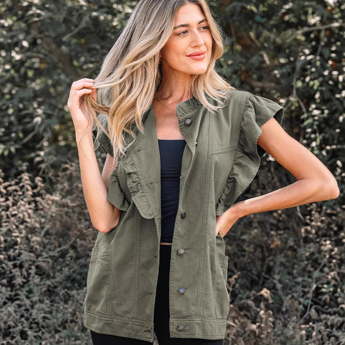 Green Bay women cotton ruffled patchwork denim jacket vest lightweight layering piece