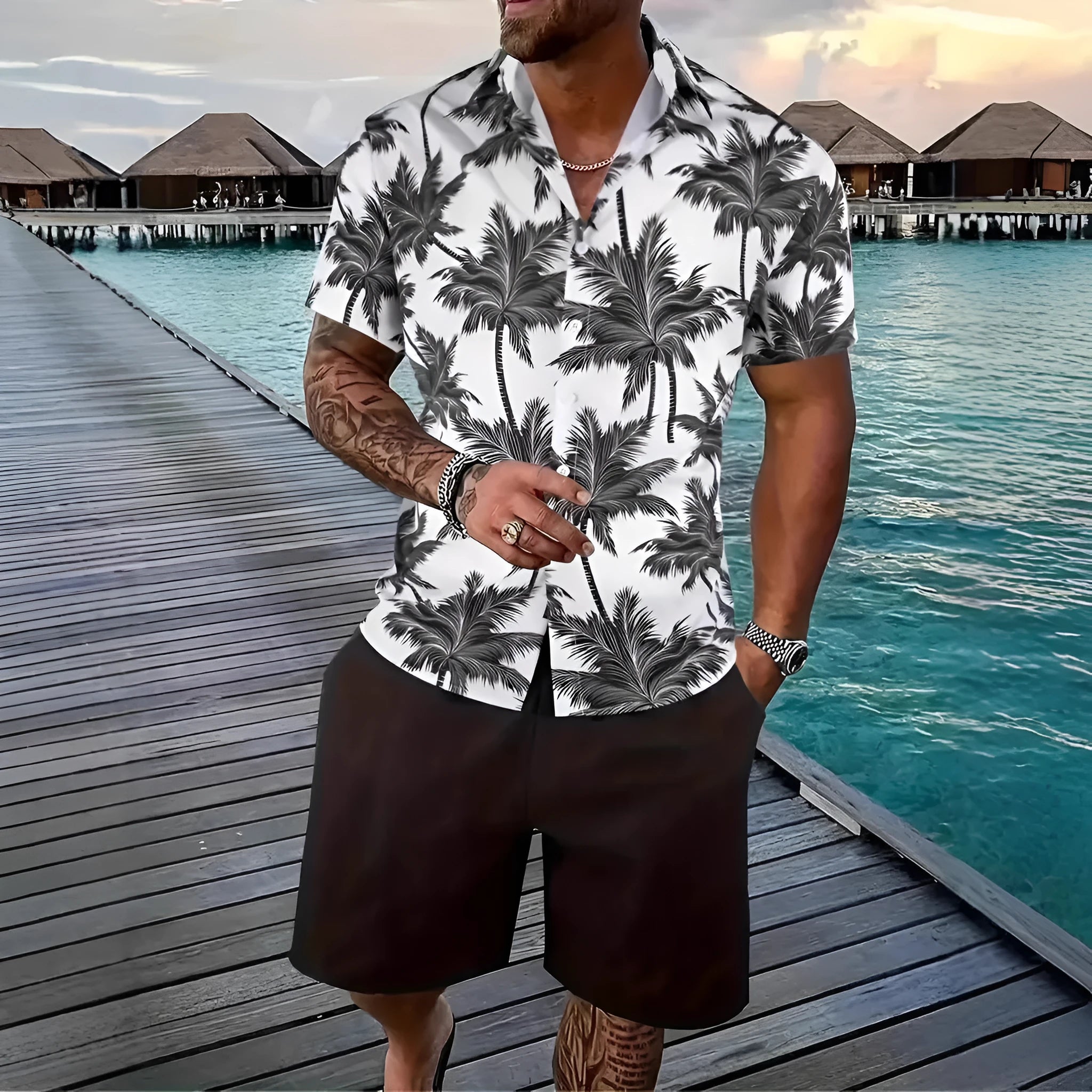 Men's 3D printed Hawaiian short sleeve suit set with matching top and shorts on a model.