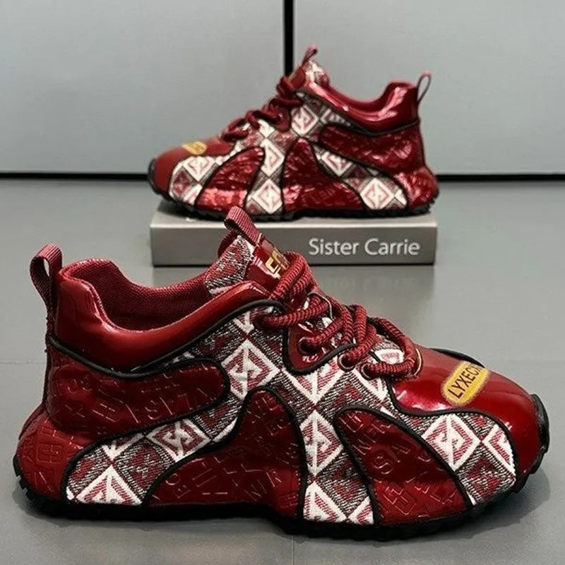 Men's platform casual shoes with embroidery stitching in black, beige and scarlet colours