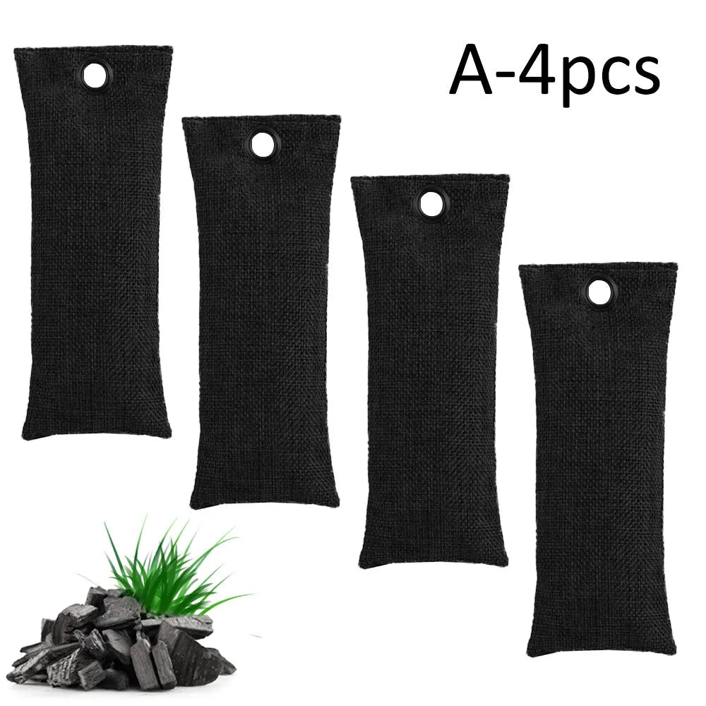 Black linen bag filled with bamboo charcoal for shoe and household odour removal.