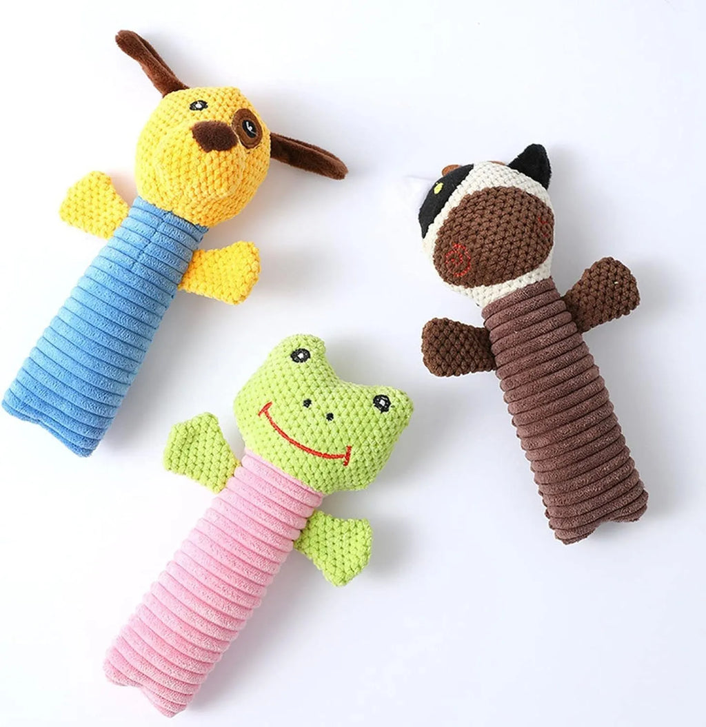 Soft plush dog chew toys in calf, frog and puppy designs with squeakers