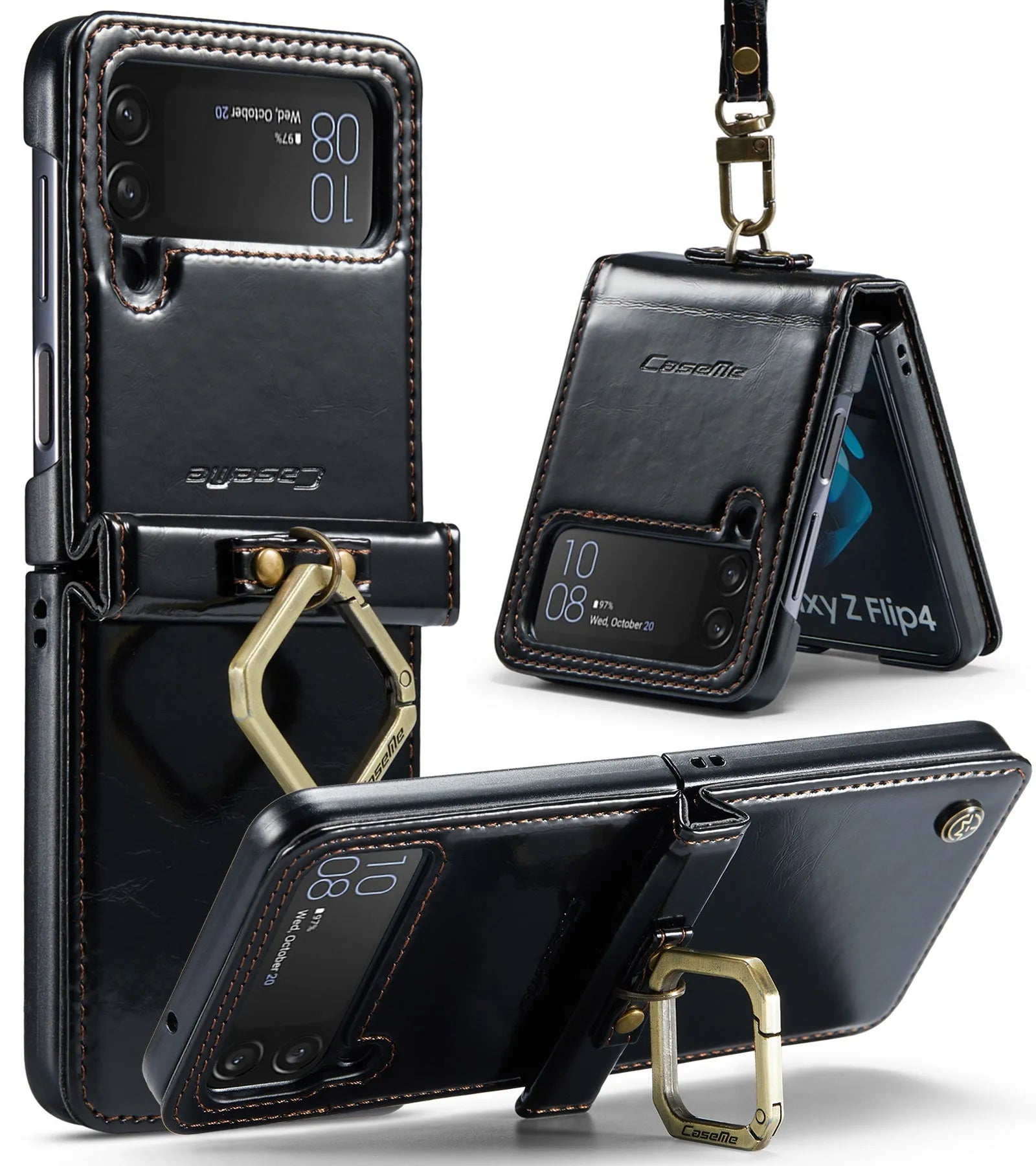 Folding PC leather phone case with Crazy Horse pattern and metal ring for Samsung Galaxy Z Flip