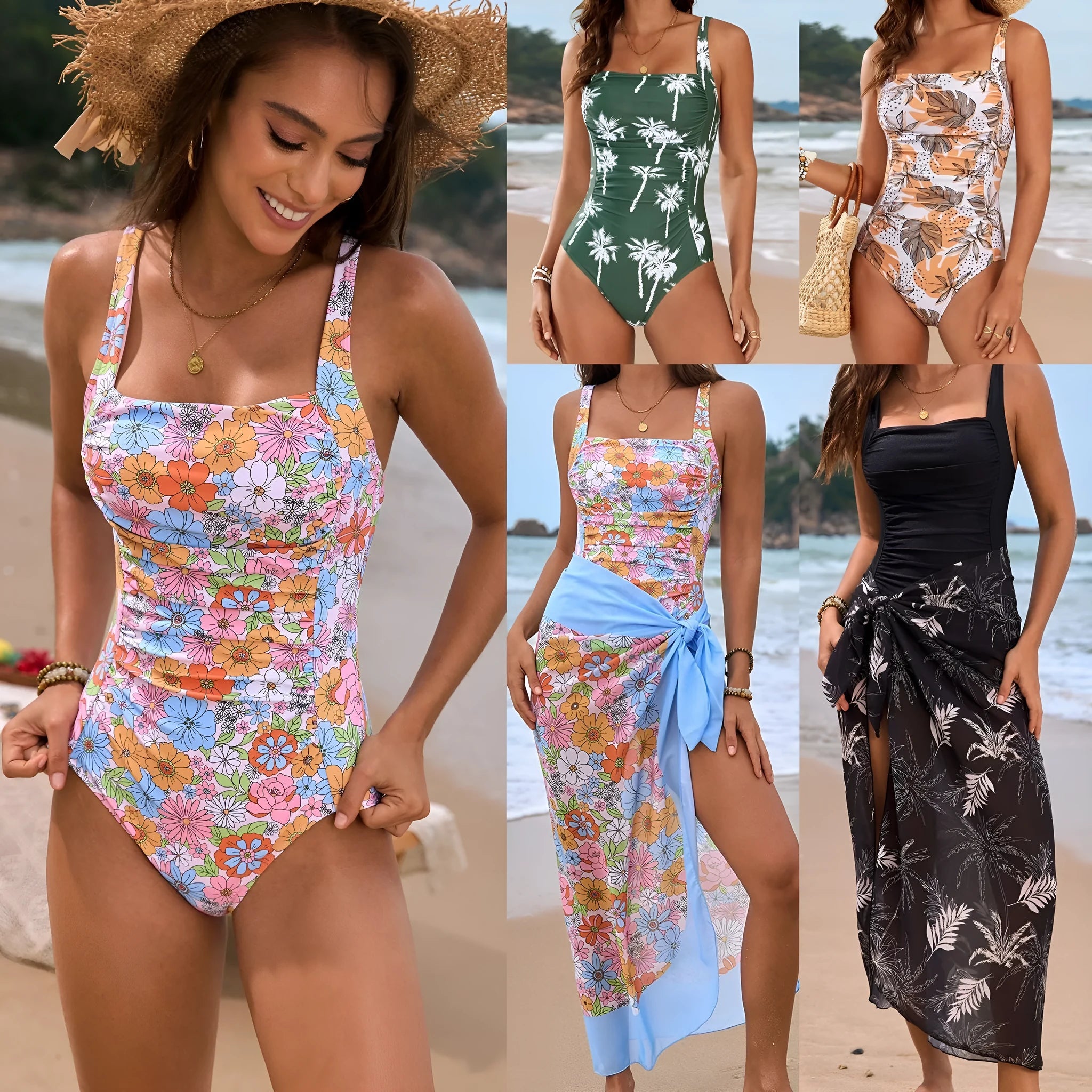 New small floral one-piece swimsuit for women in polyester, sleeveless, available in multiple colours