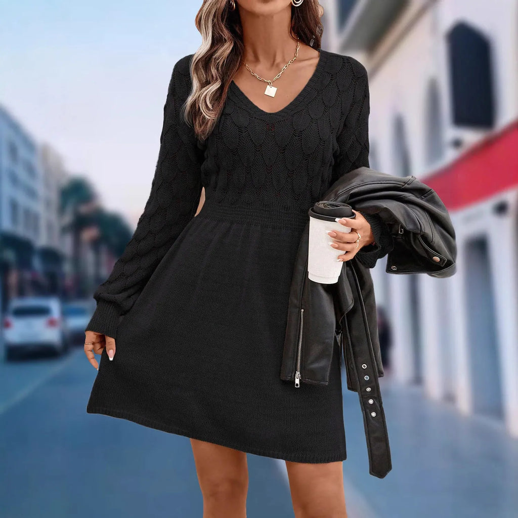 Women's long sleeve apricot V-neck dress with high waist and 3D pattern detail.