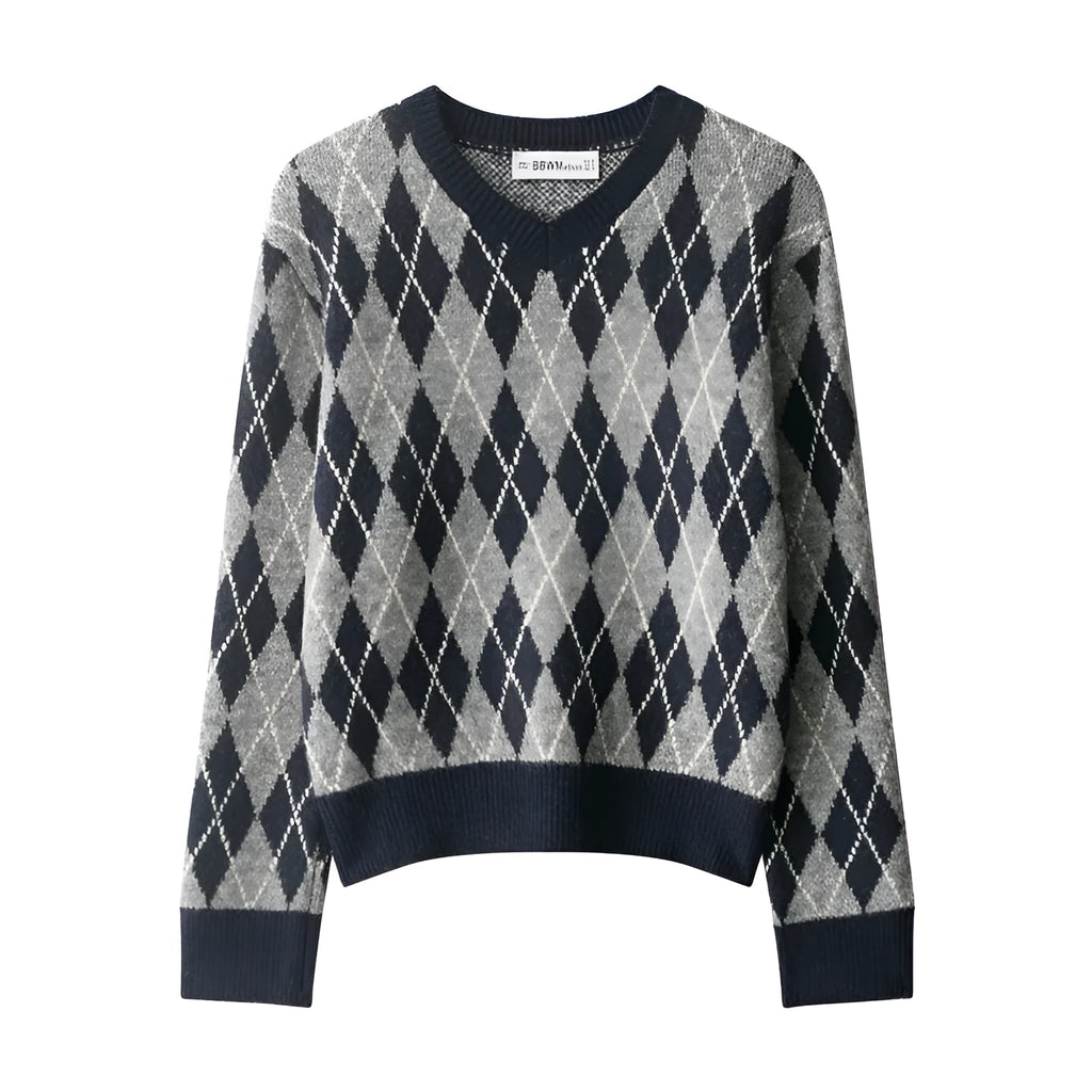Women's diamond pattern knit sweater in picture colour, long sleeve contrast colour pullover