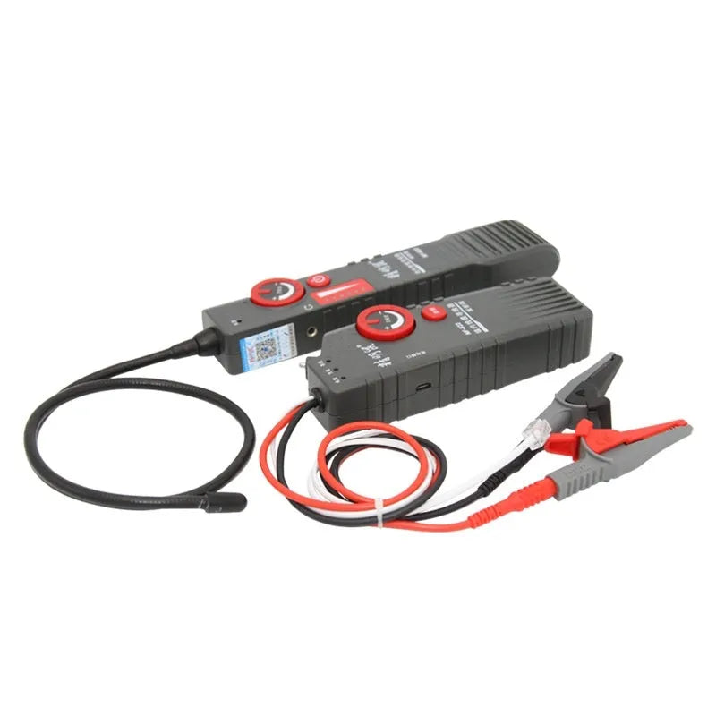 Line finder buried wire cable tester with transmitter and receiver on a workbench