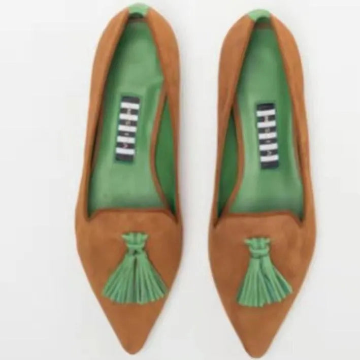 Women's low-cut pointed-toe colourblock tassel flat shoes in Brown Green, canvas upper, rubber sole