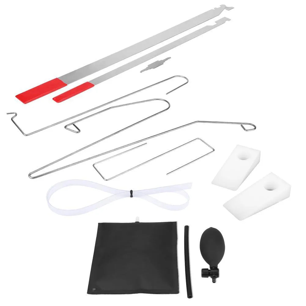 9-piece automotive tool set with air pump wedge, plastic wedges, metal hooks and crowbars