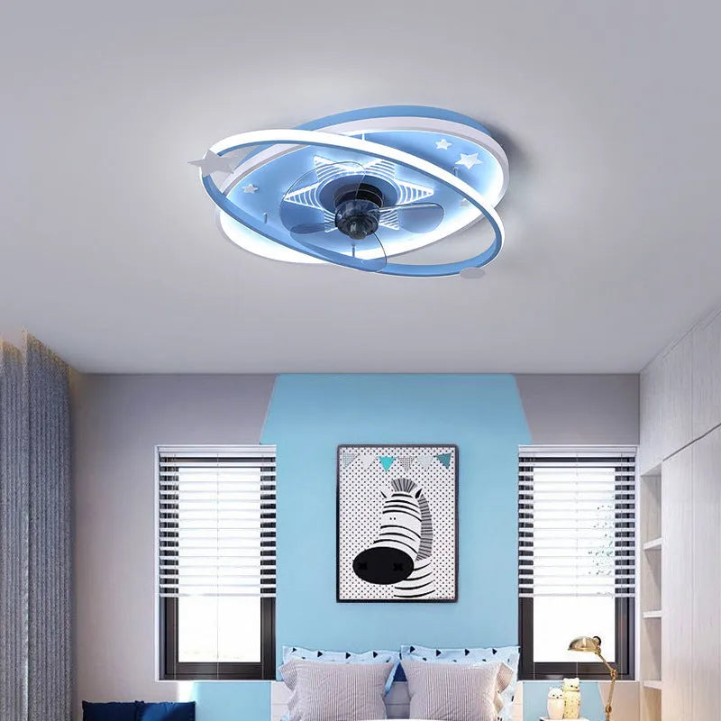 Blue children's bedroom ceiling fan with light fixture and remote control