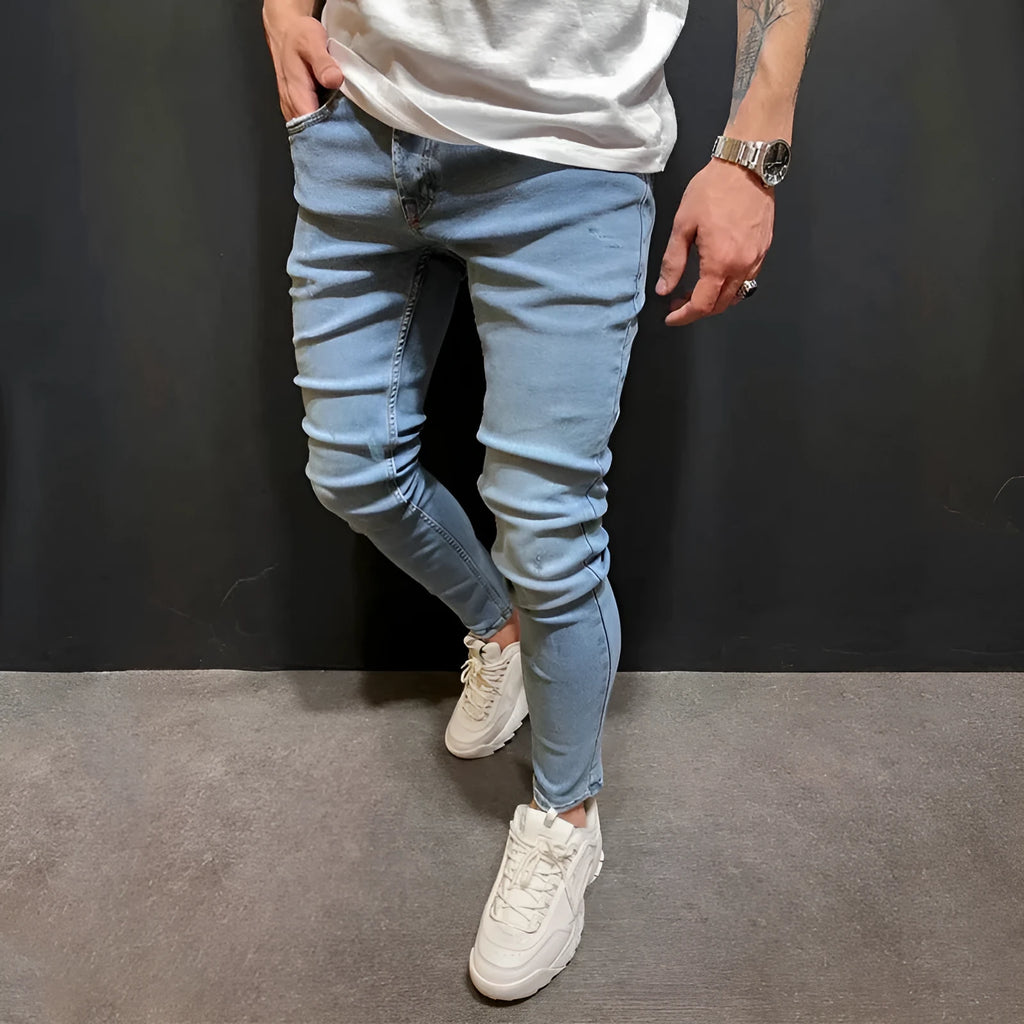 Men blue polyester denim trousers with button placket and mid-waist fit, casual style