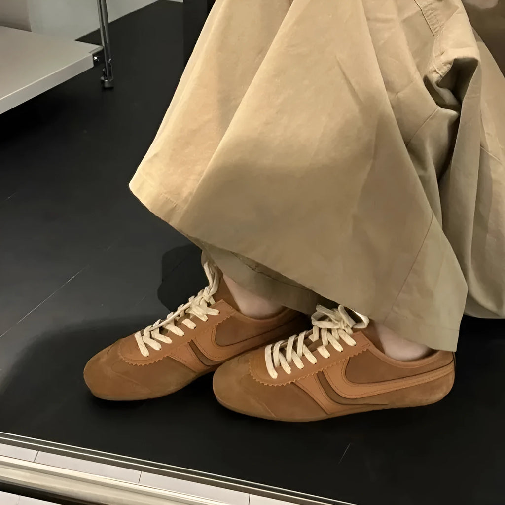 Genuine leather retro women's sneakers in brown, low top flat heel casual shoes