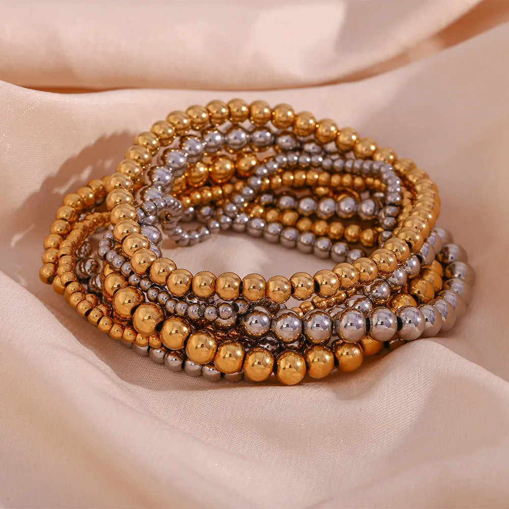Niche vintage stainless steel plated 18K gold elastic bead bracelet for women round geometric shape gold 4mm