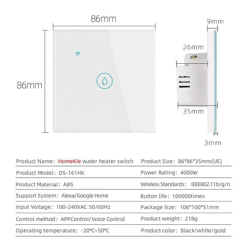 White smart water heater switch with touch panel, 4000W rating, EU standard 86x86x35mm size