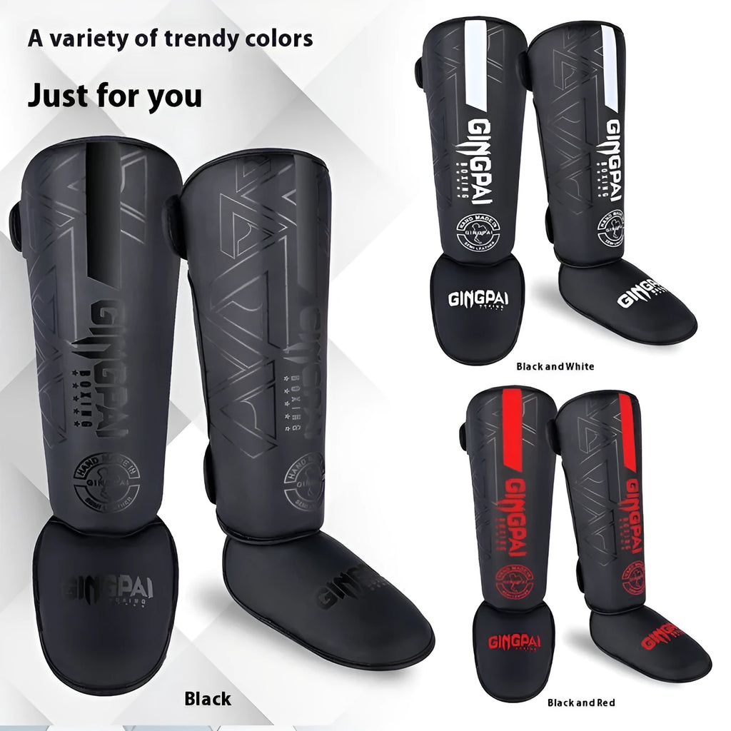 Sanda free fight shin guard and ankle support in PU, leggings style, sizes S M L, black and red colourway