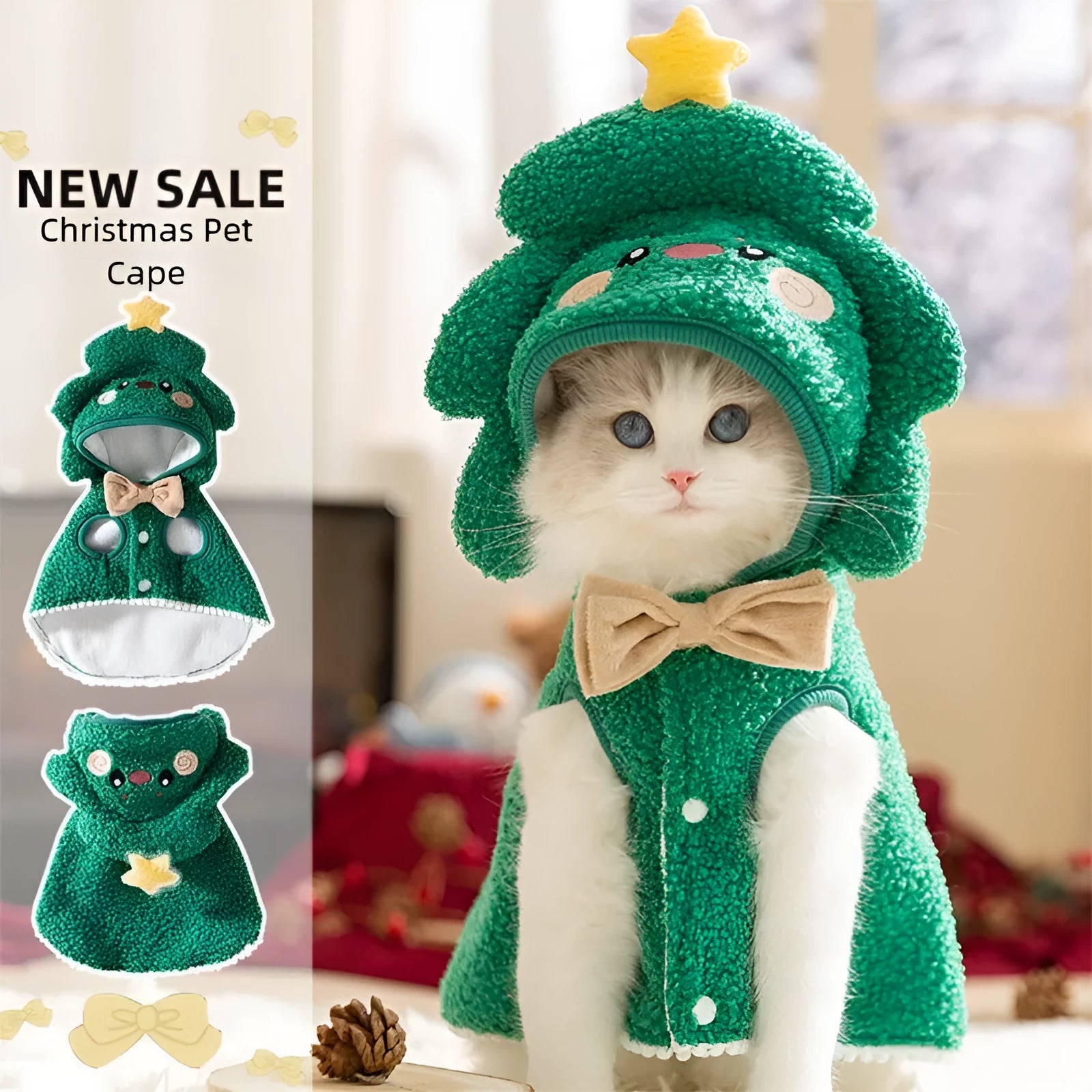 Green granular velvet Christmas pet cape with Christmas tree hat and D-ring on a cat