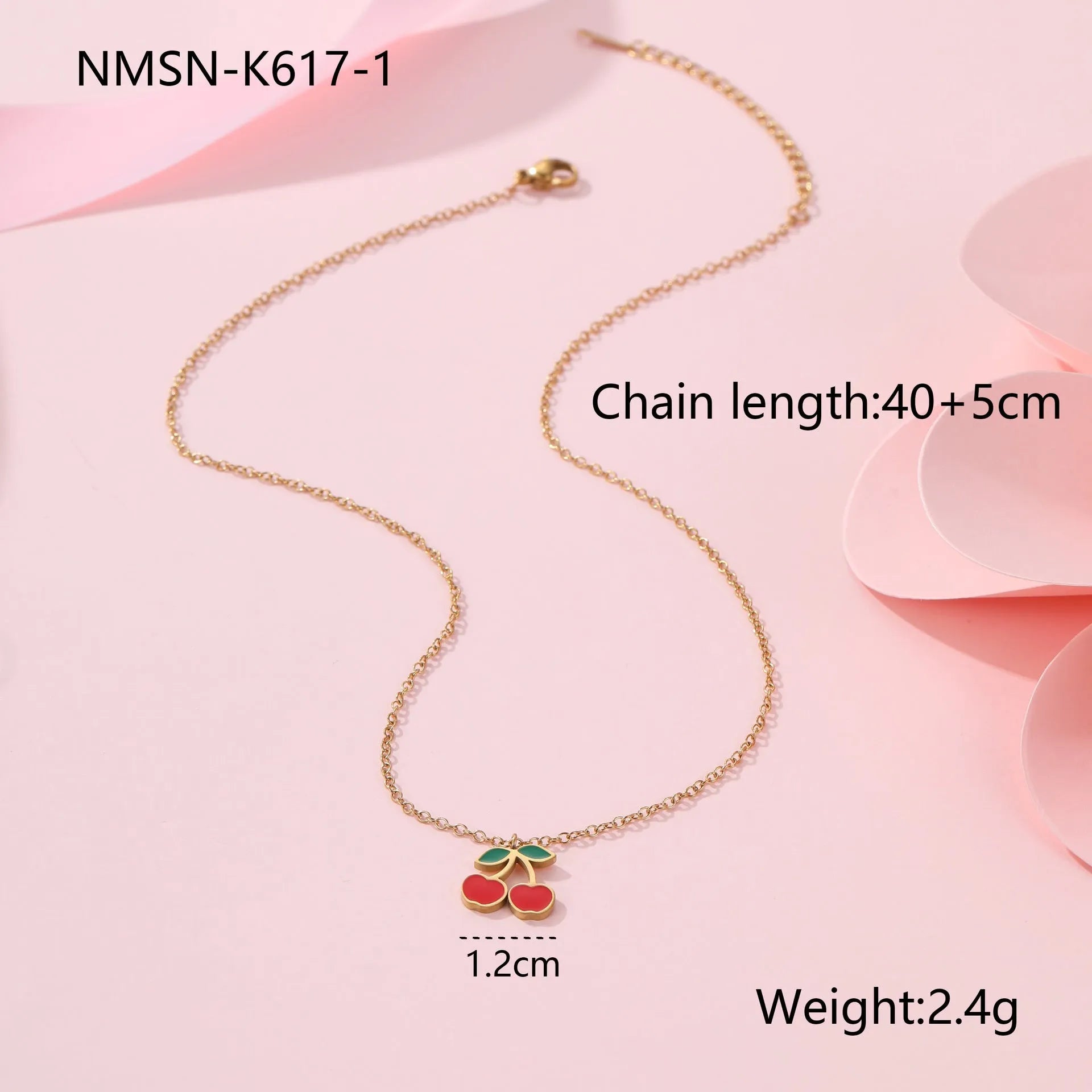 Complete cherry jewellery set showing stainless steel necklace, bracelet, earrings, and ring with 18K electroplating