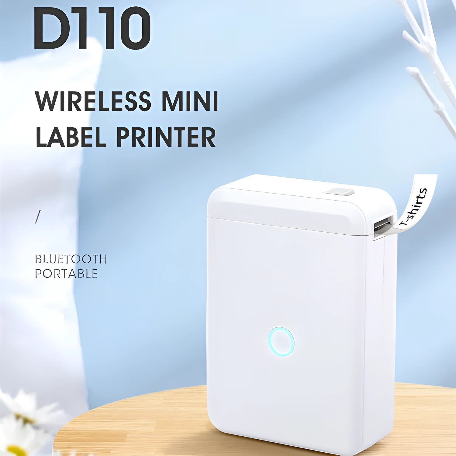 D110 white thermal label printer with Bluetooth, compact size, 1200mAh battery