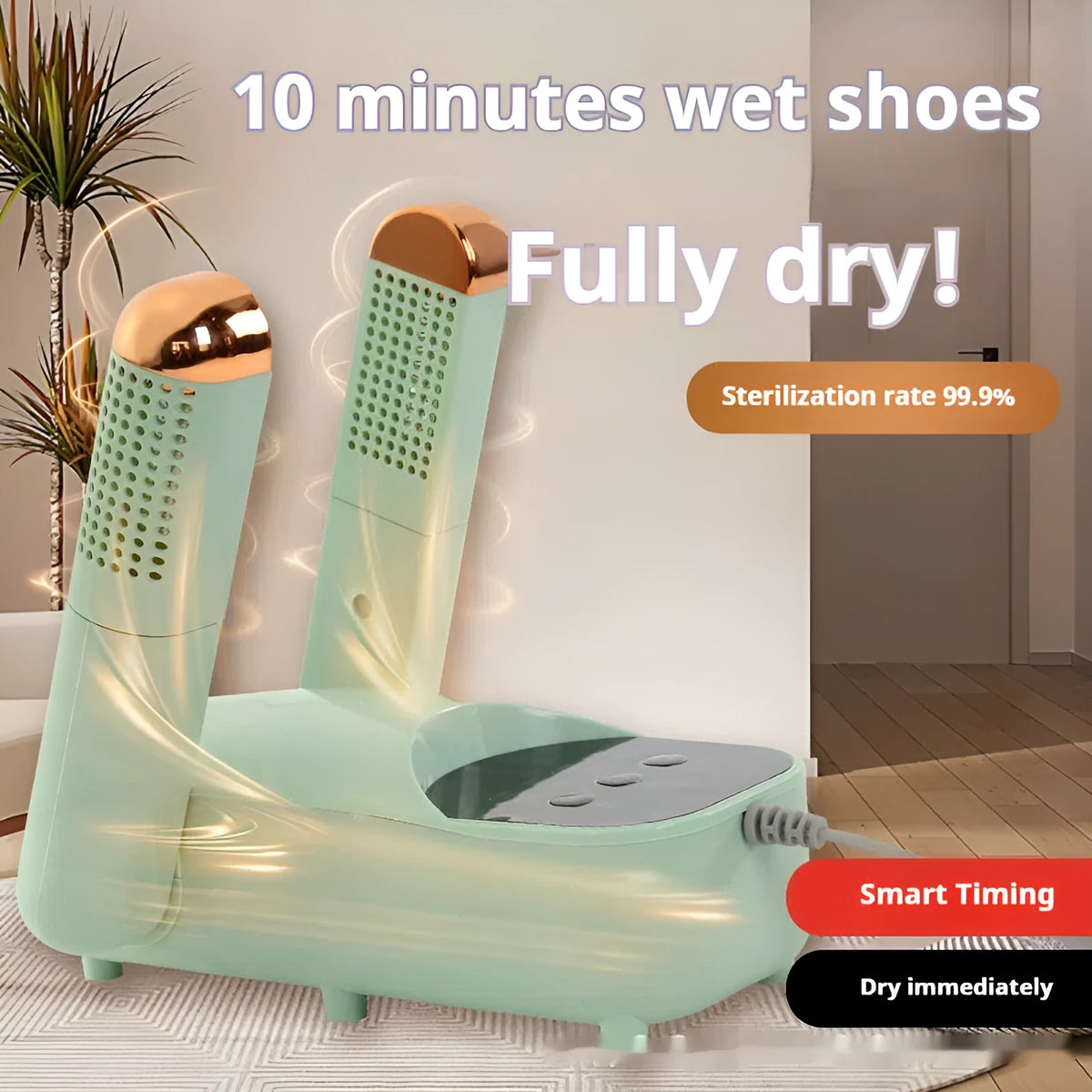 Smart shoe dryer in white and green colours with UV sterilisation feature for drying and deodorising footwear