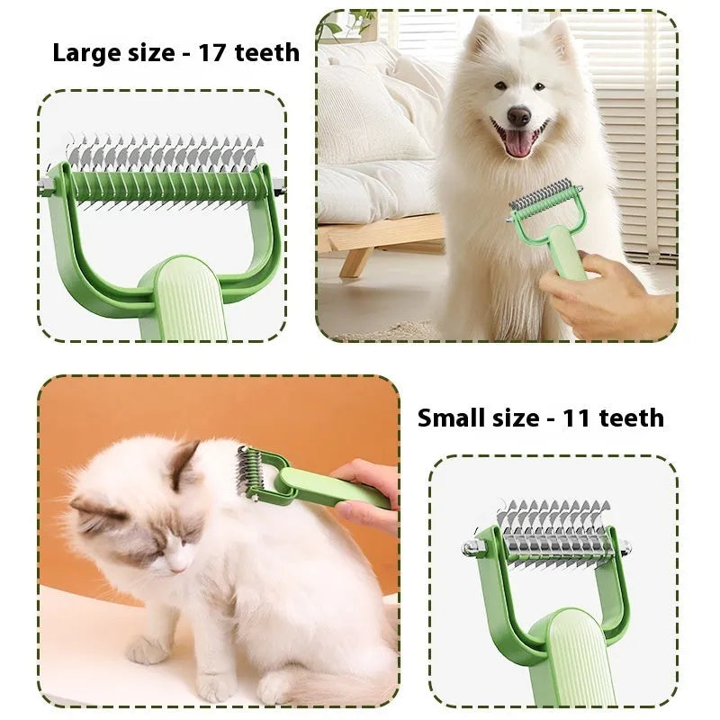 Green and grey dog grooming unknotting comb with stainless steel pins on a plastic handle.